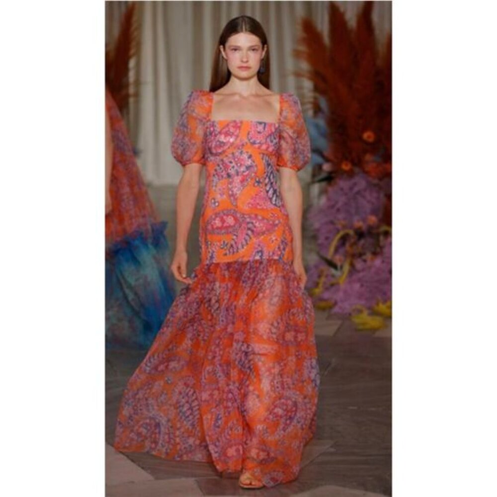 STAUD Wilde Gown - MONARCH PAISLEY - Size 6 - Orange Pink Sequin Sheer FORMAL - Picture 4 of 12